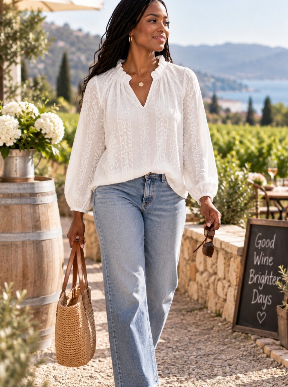 Old Navy Ruffle-Trim Embroidered Optic Split-Neck Top Size L